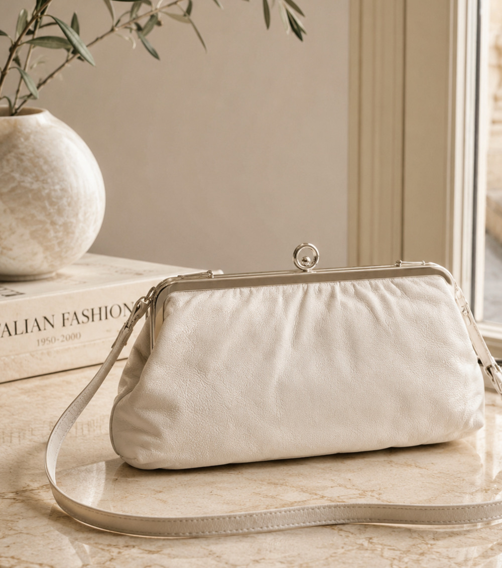 Vintage 1960s Italian Leather Convertible Clutch Shoulder Bag White Classic Chic